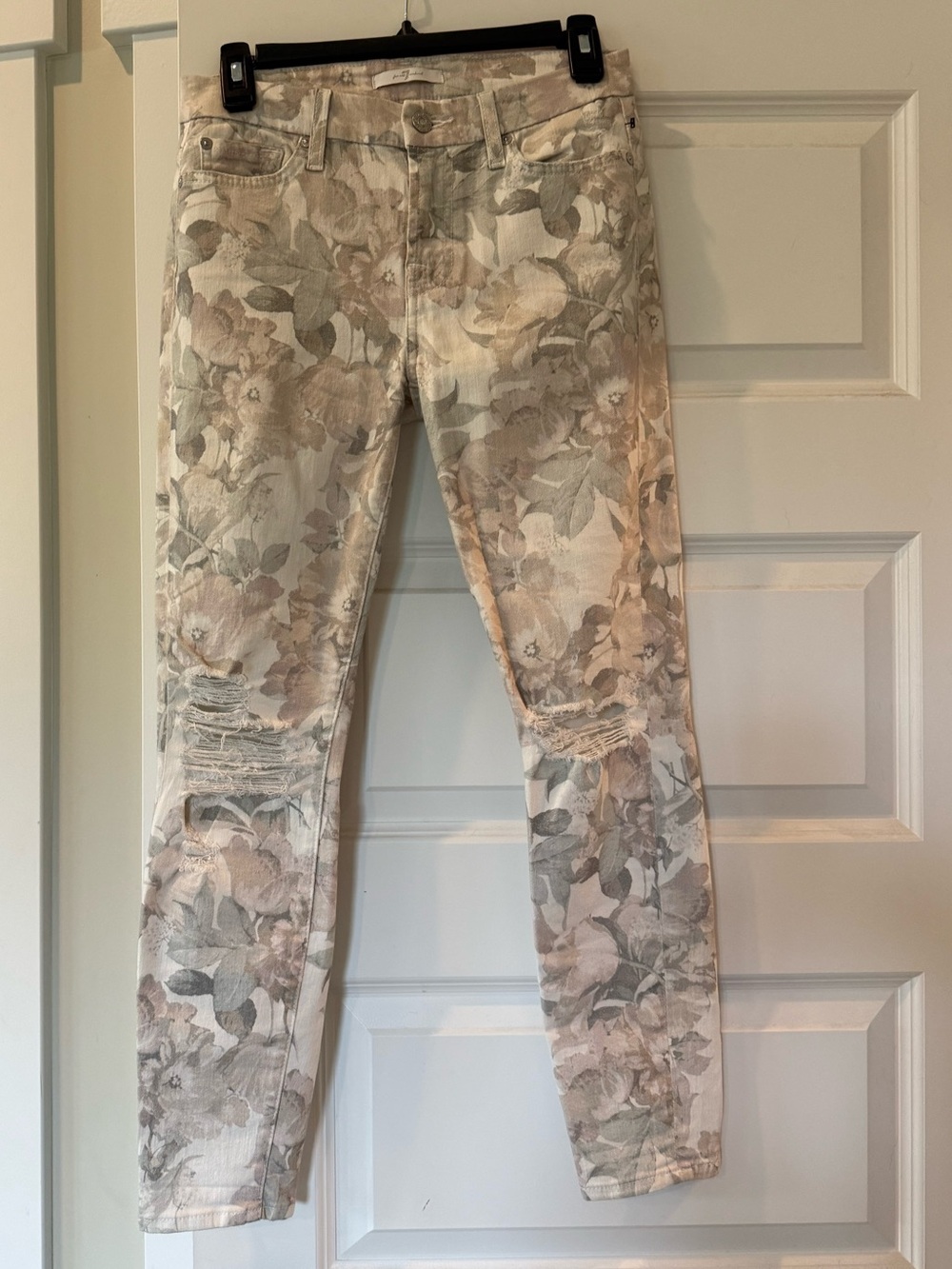 7 for All Mankind Floral Print Skinny Jeans with Knee Rips